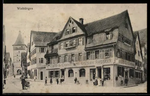 AK Waiblingen, Cafe Konditorei Gustav Rebstock in der Kurze Strasse 2