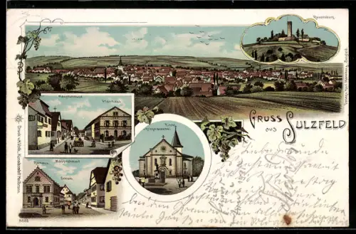 Lithographie Sulzfeld, Hauptstrasse mit Pfarrhaus, Rathaus u. Schloss, Kriegerdenkmal u. Kirche, Gesamtansicht