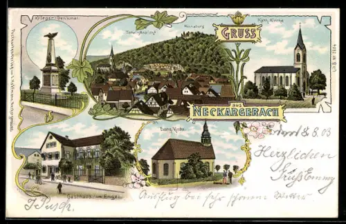 Lithographie Neckargerach, Gasthaus zum Engel, Krieger-Denkmal, Kirchen, Totalansicht mit Minnaburg
