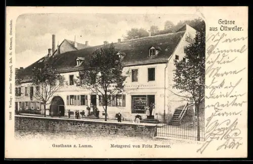 AK Ottweiler, Gasthaus zum Lamm u. Metzgerei Fritz Presser, Mauer, Treppenaufgang