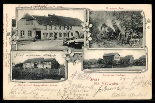 AK Neuweiler, Gasthaus H. Russy, Vorder-, Rück- u. Panoramaansicht, Brennender Berg