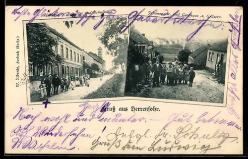 AK Herrensohr, Gasthaus G. Schultze u. Schule, Gasthaus A. Grässer mit Johannisstrasse, Kindergruppen