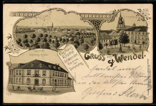Lithographie St. Wendel, Gasthaus Riotte, Schlossplatz, Gesamtansicht