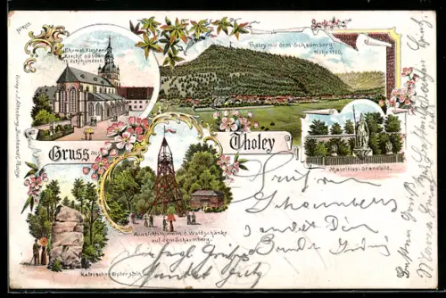 Lithographie Tholey, Gasthaus Waldschenke a. d. Schaumberg mit Aussichtsturm, Mauritius-Standbild