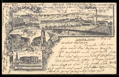 Lithographie Laucha a. Unstrut, Bahnhof, Postamt, Totalansicht mit Fabrik