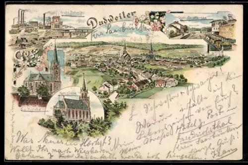 Lithographie Dudweiler, Gruben Camphausen u. Dudweiler, Kirchen, Totalansicht