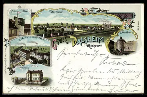 Lithographie Dalsheim /Rheinhessen, Möbel-Fabrik Merkel, Schulhaus, Alter Turm, Totalansicht mit Eisenbahn