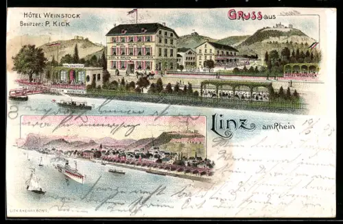 Lithographie Linz am Rhein, Hotel Weinstock, Bes. P. Kick, Flusspartie