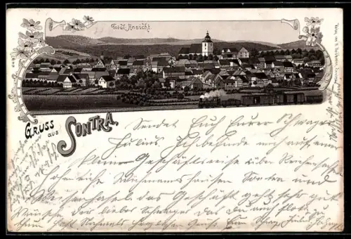 Lithographie Sontra, Totalansicht mit Feldern u. Bergen aus der Vogelschau