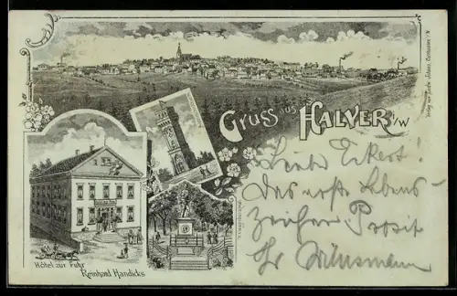 Lithographie Halver i. W., Hotel zur Fuhr R. Handicks, Kriegerdenkmal, Aussichtsturm, Gesamtansicht