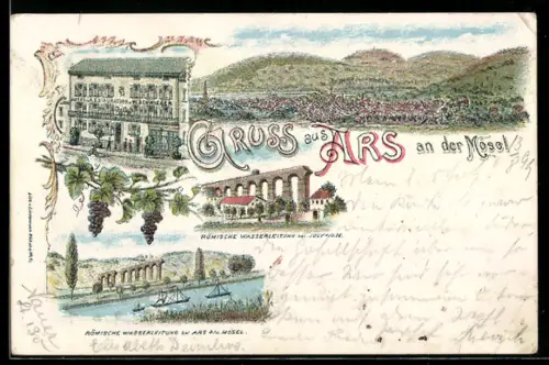 Lithographie Ars a. d. Mosel, Hotel W. Schwieger, Römische Wasserleitungen bei Ars u. Jour, Gesamtansicht