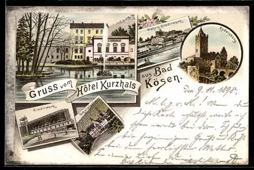 Lithographie Bad Kösen, Hotel Kurzhals, Gradirwerk, Schulpfort, Rudelsburg