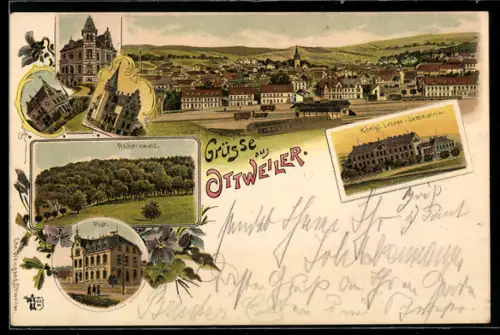 Lithographie Ottweiler, Kgl. Lehrer-Seminar, Post, Reiherswald, Totalansicht