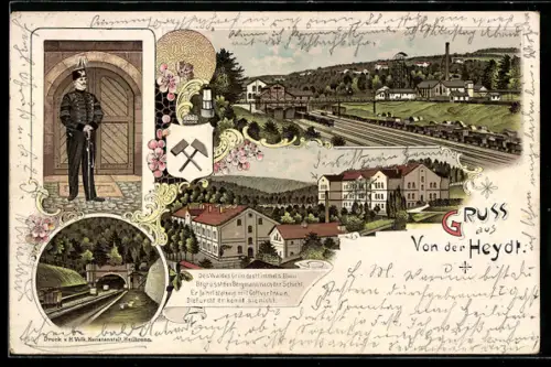 Lithographie Saarbrücken, Grube Von der Heydt mit Bahnbrücke und Tunnel, Gebäude, Bergmann