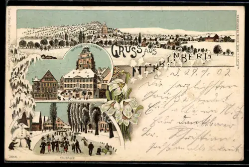 Winter-Lithographie Herrenberg, Rathaus und Kirche im Schnee, Feuersee