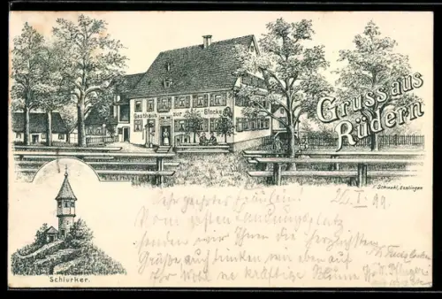 Lithographie Rüdern, Gasthaus zur Glocke, Schlurker