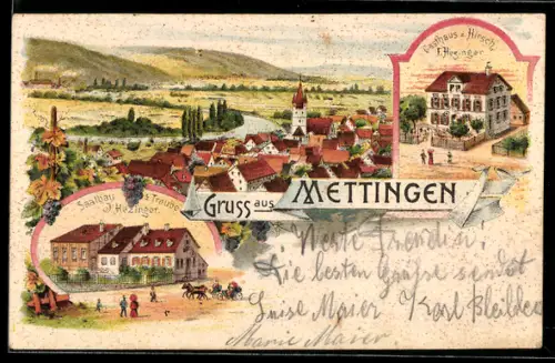 Lithographie Mettingen, Gasthaus z. Hirsch, Inh. F. Herzinger, Saalbau z. Traube