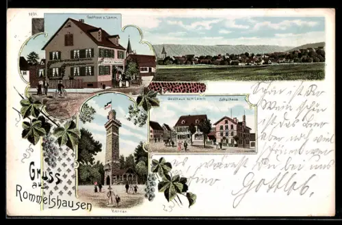 Lithographie Rommelshausen, Gasthaus zum Lamm, Schulhaus, Kernen