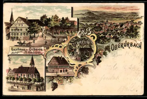 Lithographie Oberurbach, Gasthaus z. Ochsen, Inh. M. Hinderer, Rathaus