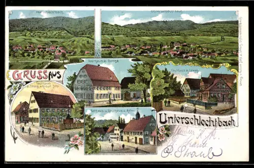 Lithographie Unterschlechtbach, Rathuas u. Gasthaus z. Adler, Gasthaus z. Sonne, Gasthaus z. Löwen