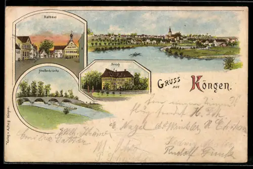 Lithographie Köngen, Rathaus, Neckarbrücke und Schloss