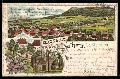 Lithographie Thalheim, Totalansicht, Hütte Bolberg, Gasthaus zum Lamm