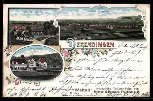 Lithographie Derendingen, Gasthaus Waldhörnle, Ortsansicht von Osten