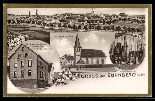 Lithographie Dornberg /Baden, Gasthaus z. Sonne u. Handlung v. C. Berberich, Kirche m. Schule