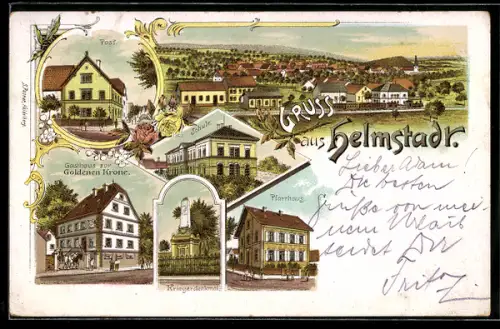 Lithographie Helmstadt, Gasthaus z. goldenen Krone, Kriegerdenkmal, Pfarrhaus, Schule, Post