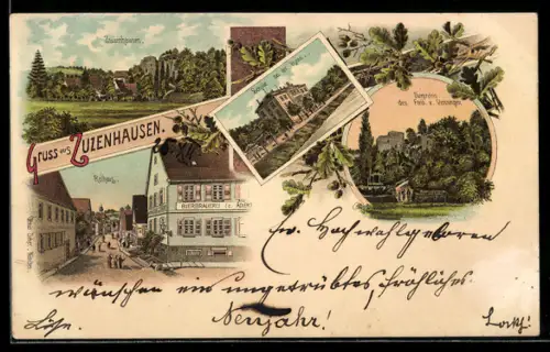 Lithographie Zuzenhausen, Strassenpartie mit Bierbrauerei z. Adler, Burgruine, Schule