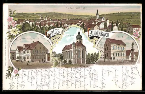 Lithographie Laudenbach / Württ., Gasthaus zur Krone, Berg-Kirche, Neues Schulhaus