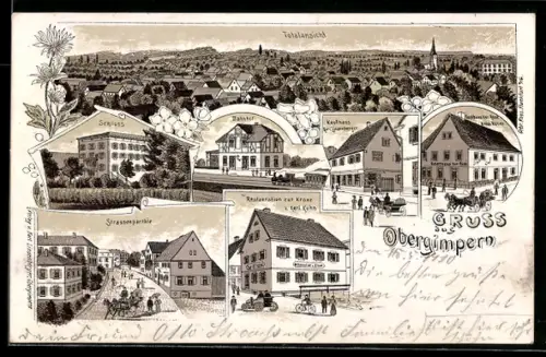 Lithographie Obergimpern, Restaurant zur Krone, Bahnhof, Kaufhaus Karl Lindenberger, Gasthaus zur Rose