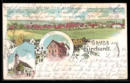 Lithographie Kirchardt, Gasthof Friedr. Fischer, Evang. Kirche