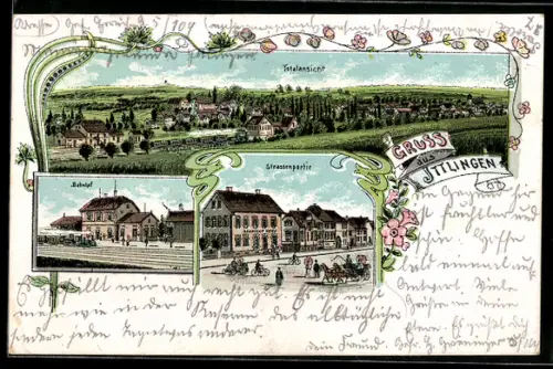 Lithographie Ittlingen, Bahnhof, Strassenpartie m. Gebrüder Hege