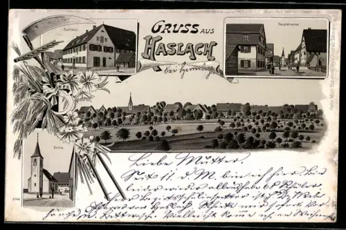 Lithographie Haslach, Hauptstrasse, Rathaus, Kirche