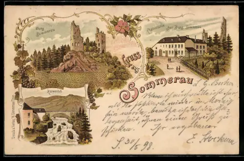 Lithographie Sommerau /Ruwer, Restaurant zur Burg Sommerau, Burg Sommerau