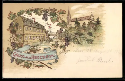 Lithographie Heidesheim, Gasthof z. Goldnen Lamm v. Carl Dillmann