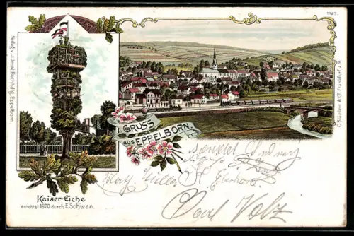 Lithographie Eppelborn, Teilansicht mit Kirche, Kaiser-Eiche