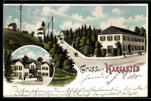 Lithographie Hargarten, Ortspartie mit Restaurant zum Bahnhof