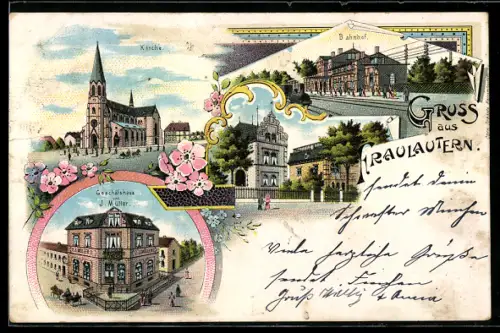 Lithographie Fraulautern, Geschäftshaus J. Müller, Kirche, Bahnhof