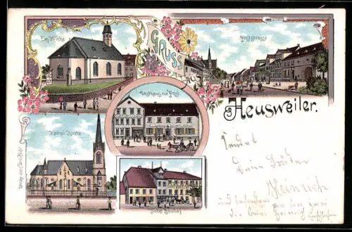 Lithographie Heusweiler, Gasthaus zur Post, Hotel Boutlay, Kath. Kirche, Poststrasse