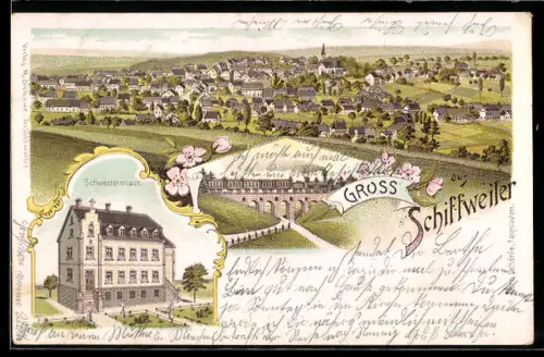 Lithographie Schiffweiler, Schwesternhaus, Eisenbahnviadukt, Ortsansicht aus der Vogelschau