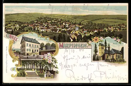 Lithographie Marpingen, Gasthaus zur Post, Kirche, Marienbrunnen