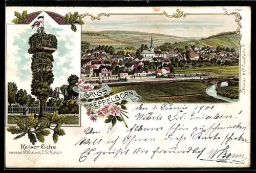 Lithographie Eppelborn, Kaiser Eiche, Ortsansicht mit Kirche