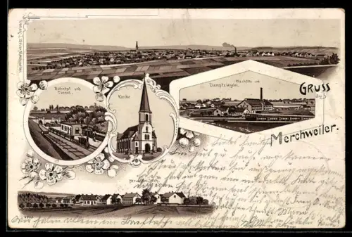 Lithographie Merchweiler, Bahnhof und Tunnel, Dampfziegelei, Glasshütte