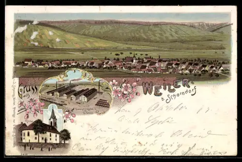 Lithographie Weiler b. Schorndorf, Dampfziegelei G. Gross, Kirche