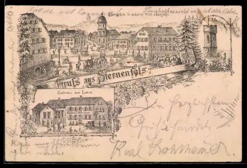 Lithographie Sternenfels, Strassenpartie, Gasthaus zum Lamm, Aussichtsturm