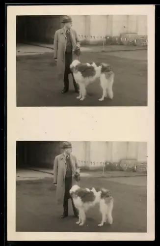Foto-AK Zwei Aufnahmen Herr in Mantel mit Hund