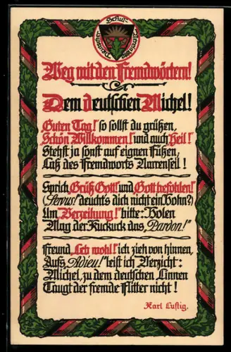 AK Deutscher Schulverein Nr. 25: Weg mit den Fremdwörtern, Zitat von Karl Lustig