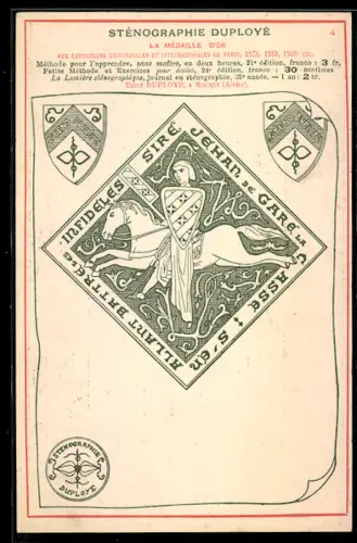 Künstler-AK Sténographie Duployé, La Médaille d`Or, Sire Jehan de Gare la Casse